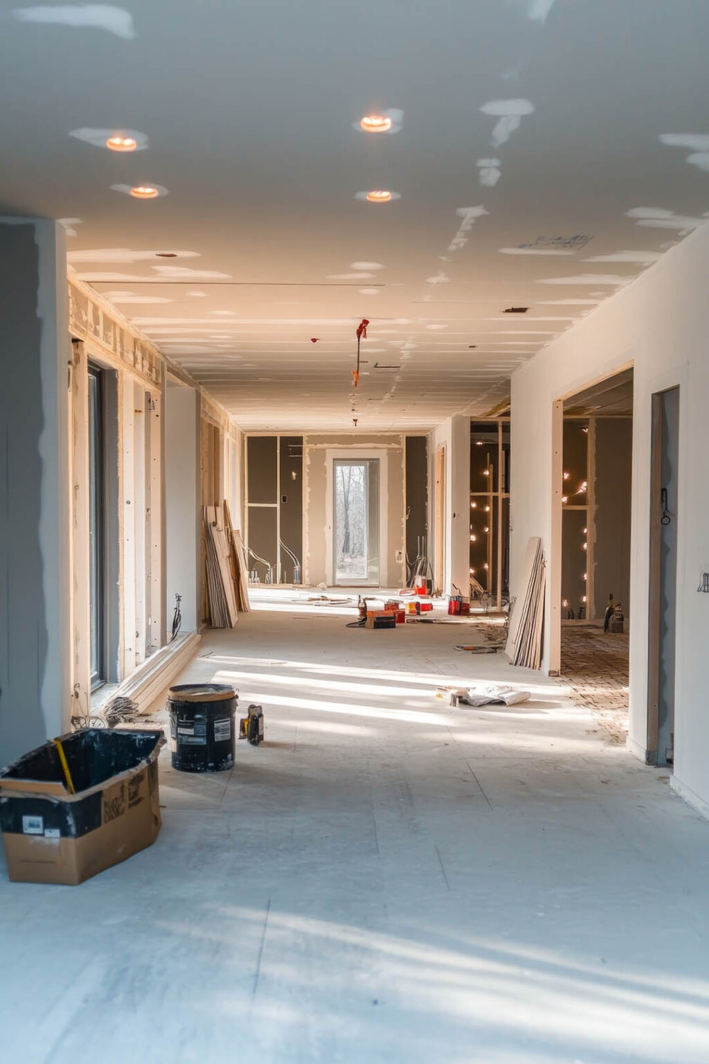 Open Space Interior Framing Project Underway with Drywall Installation Stage Before Painting Begins