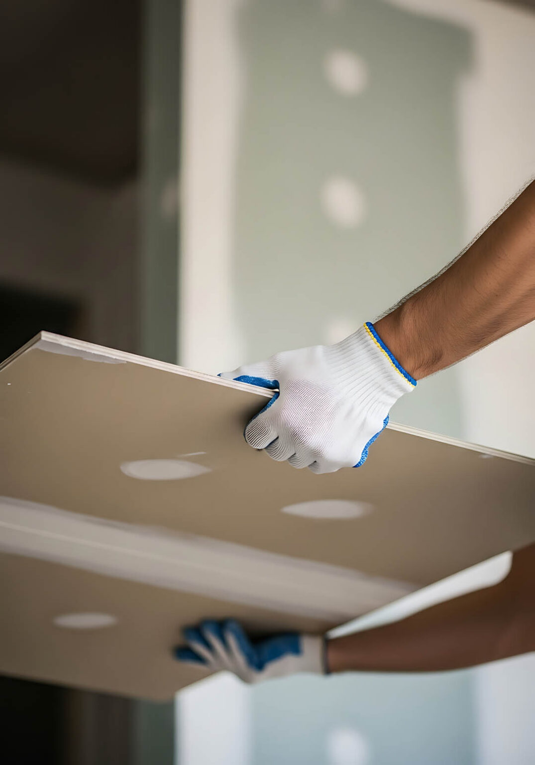 A close-up image shows hands wearing white construction gloves with blue trim holding two sheets of drywall. The focus is on the textured surface of the plasterboard and the grip of the gloved hands. The background suggests an indoor construction or renovation setting with blurred walls.